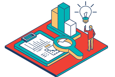 Exhibitor with a lightbulb over their head looking a a graph, maginifying glass and clipboard with data