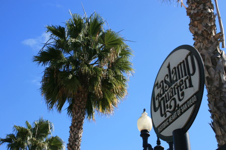 Sign of Gaslamp Quarter in San Diego with Palm Trees in Background