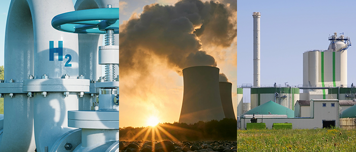 A collage of the hydrogen, nuclear, and biogas energy mix.