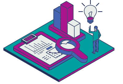 Exhibitor with a lightbulb over their head looking a a graph, maginifying glass and clipboard with data