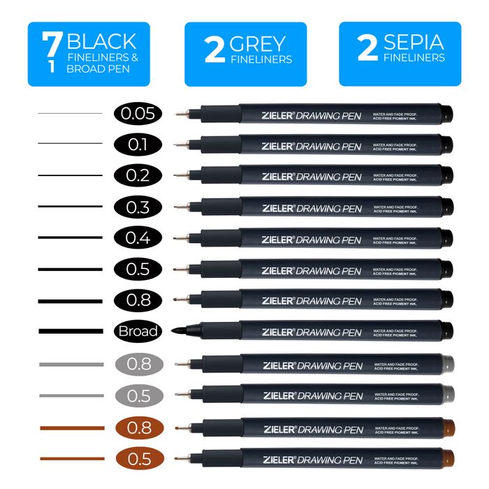 Fineliner Drawing Pens (Set of 12)