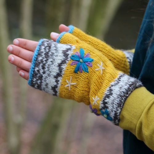 Flower Embroidered Wool Wrist Warmers
