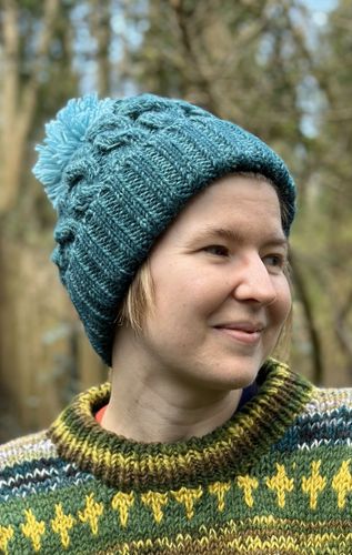 Cable Knit Bobble Hat in Dark Cyan