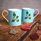 'Holly' fine bone china mugs made in England