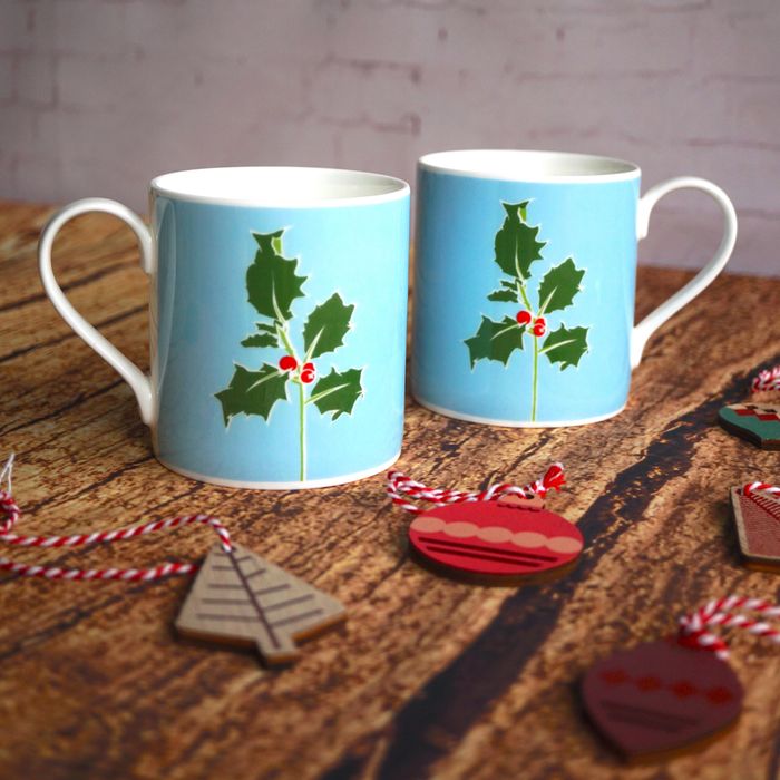 'Holly' fine bone china mugs made in England