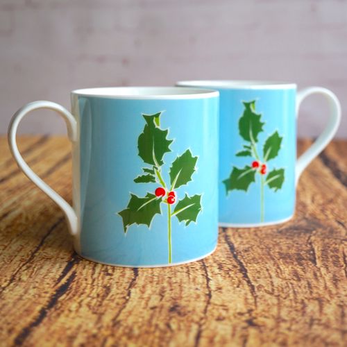 'Holly' fine bone china mugs made in England