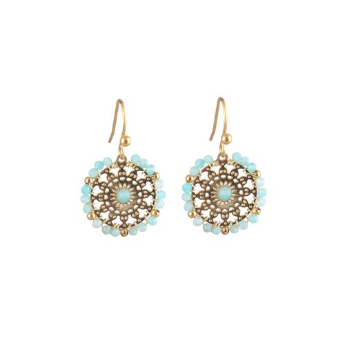 Natural stone beaded disc earring in aqua