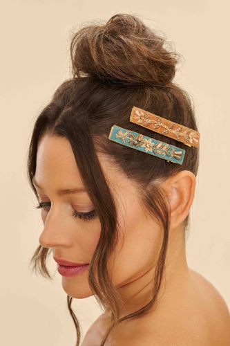 Narrow Jewelled Hair Clips  Floral Vines in Turquoise & Mustard