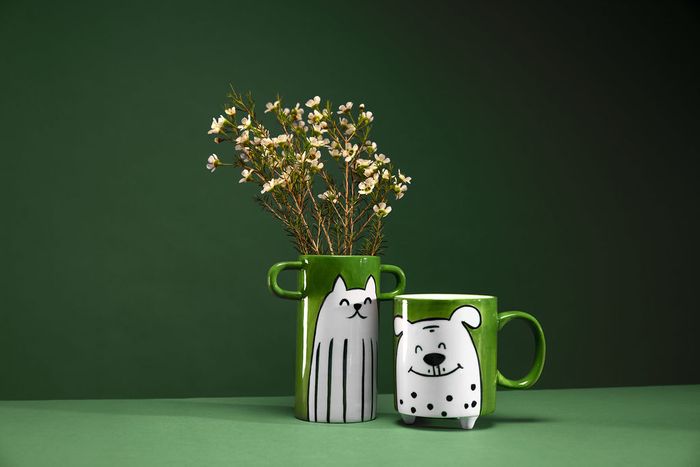Handpainted green cat vase