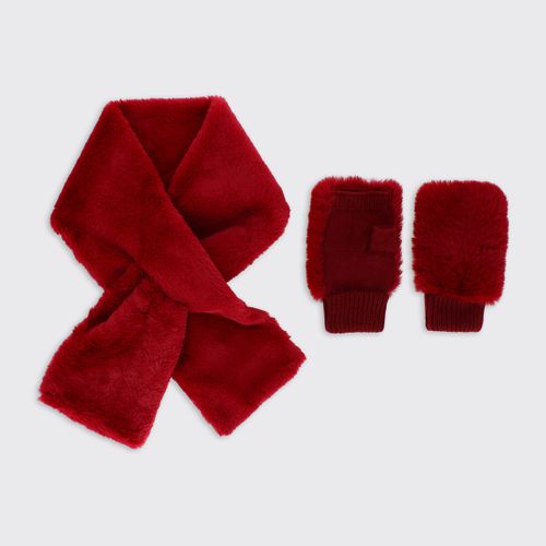 Faux Fur Push Through Scarf and Fingerless Gloves - Scarlet