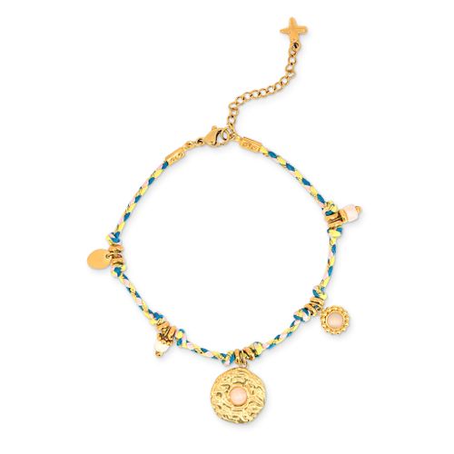 Blue, Yellow & Pink Coin & Charm Plaited Cord Bracelet