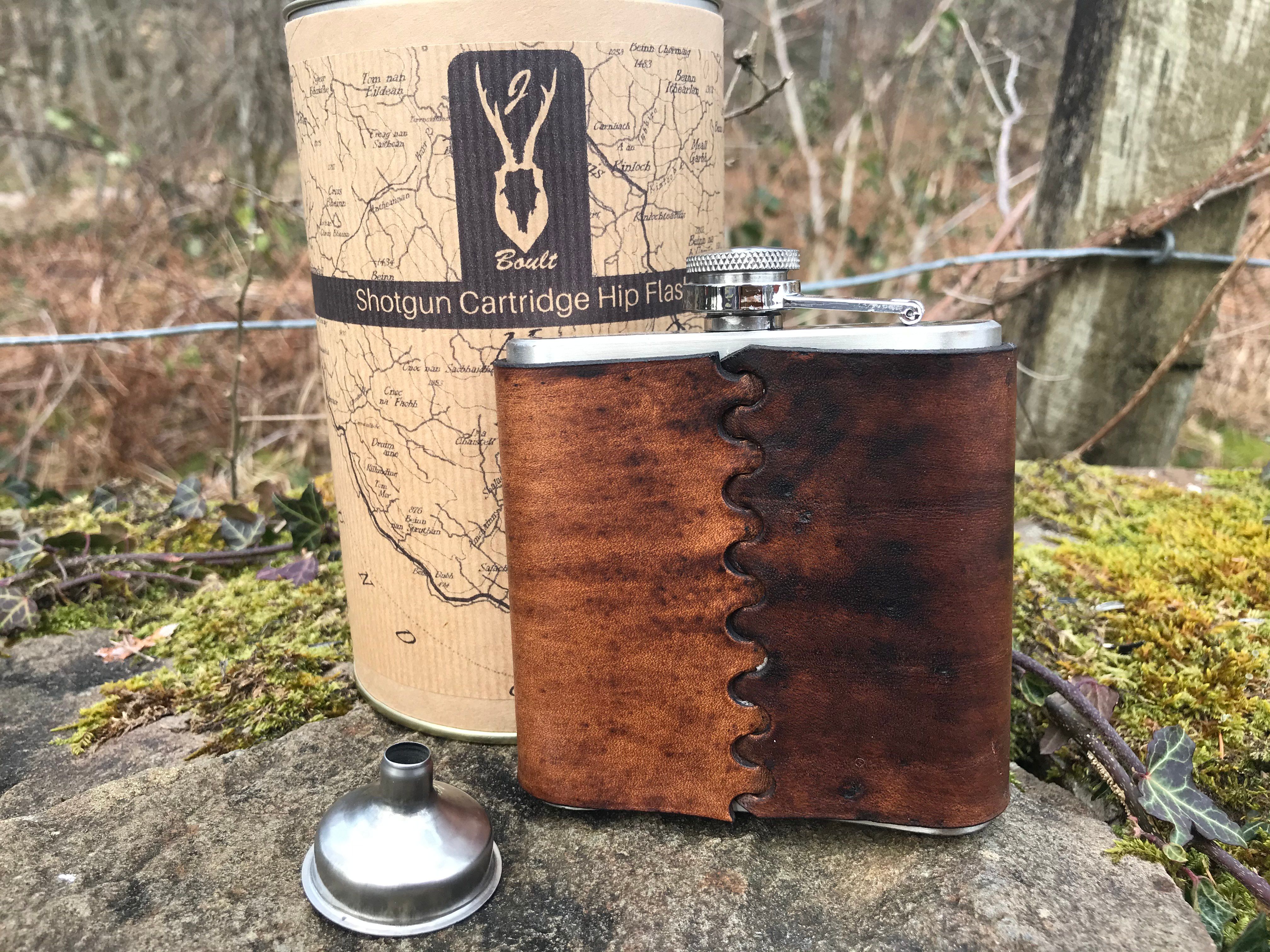 Natural Leatherbound Shotgun cartridge hip flask gift set
