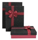 Emartbuy Set of 3 Rigid Presentation Gift Box, Textured Burgundy Box with Black Lid, Brown Interior and Striped Decorative Ribbon