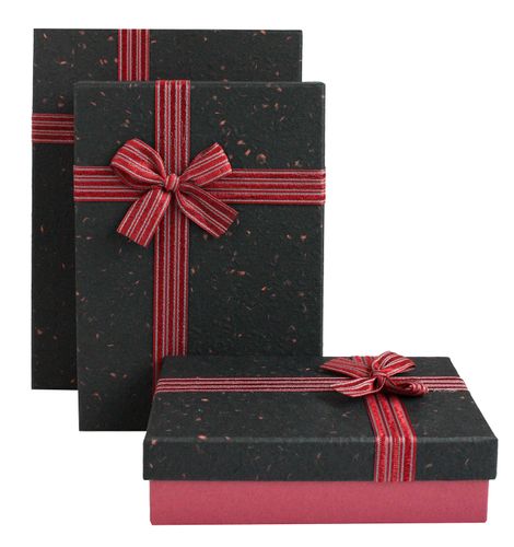 Emartbuy Set of 3 Rigid Presentation Gift Box, Textured Burgundy Box with Black Lid, Brown Interior and Striped Decorative Ribbon