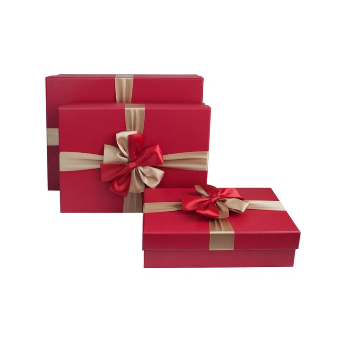 Emartbuy Set of 3 Gift Box, Red Box with Lid, Printed Interior and Gold Red Satin Decorative Ribbon
