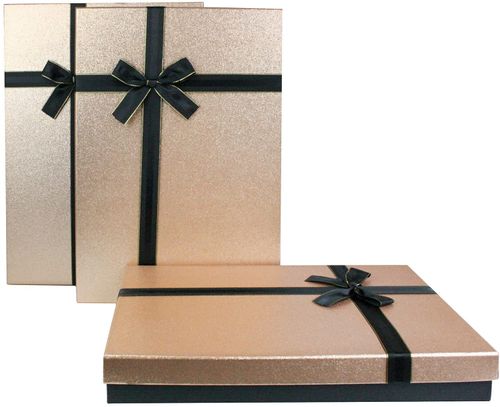 Emartbuy Set of 3 Rigid Presentation Gift Box, Black Box with Gold Glitter Lid, Brown Interior and Black Decorative Ribbon