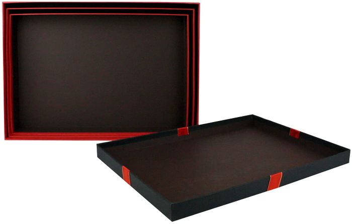 Emartbuy Set of 3 Rigid Presentation Gift Box, Red Box with Black Lid with Stars, Brown Interior and Red Decorative Ribbon