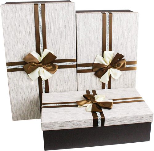 Emartbuy Set of 3 Rigid Luxury Rectangle Shaped Presentation Gift Box, Brown Box with Cream Lid, Chocolate Brown Interior and Two Tone Decorative Ribbon Bow