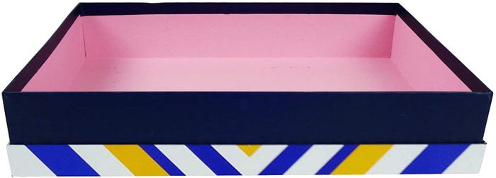 Emartbuy Set of 6 Rigid Luxury Rectangle Presentation Gift Box, Dark Blue Box with Blue/White/Yellow Traingular Stripes Lid and Pink Interior