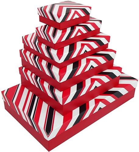 Emartbuy Set of 6 Gift Box, Red Box with Red White Black Traingular Stripes Lid and Pink Interior