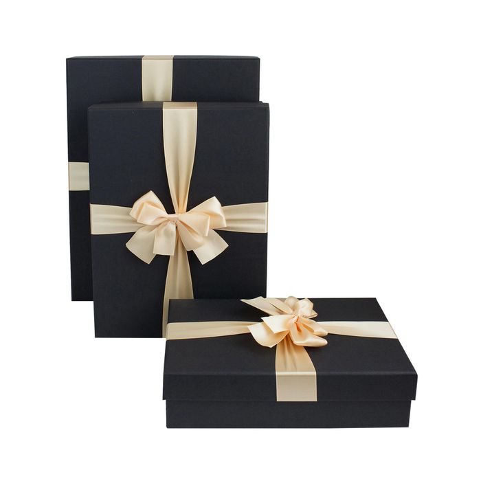 Emartbuy Set of 3 Gift Box, Black Box with Lid, Printed Interior and Cream Satin Decorative Ribbon