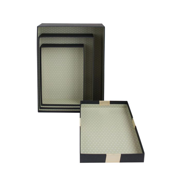 Emartbuy Set of 3 Gift Box, Black Box with Lid, Printed Interior and Cream Satin Decorative Ribbon