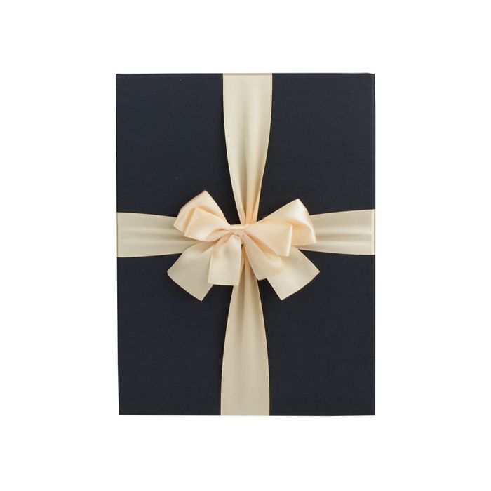Emartbuy Set of 3 Rigid Rectangle Gift Box, Black Box, Brown Interior and Gold Cream Satin Ribbon