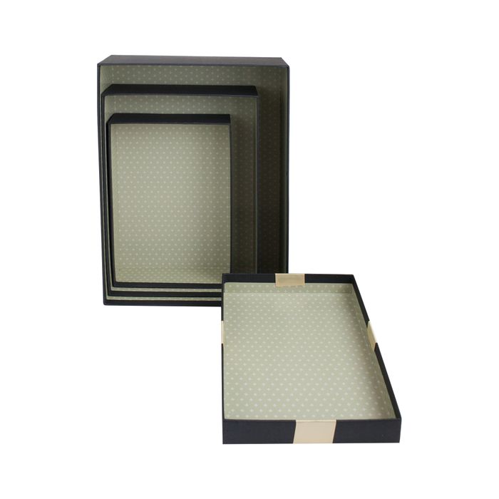 Emartbuy Set of 3 Rigid Rectangle Gift Box, Black Box, Brown Interior and Gold Cream Satin Ribbon