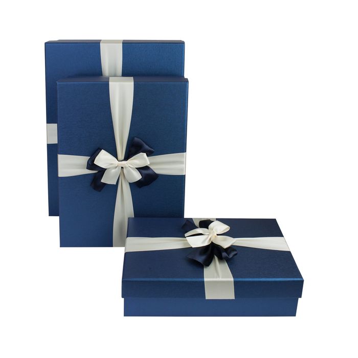 Emartbuy Set of 3 Rigid Gift Box, Blue Box with Lid, Brown Interior and Cream Blue Satin Ribbon