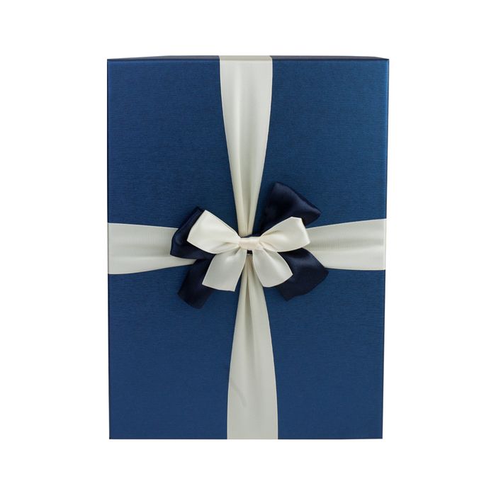 Emartbuy Set of 3 Rigid Gift Box, Blue Box with Lid, Brown Interior and Cream Blue Satin Ribbon