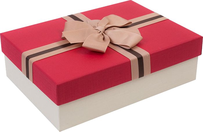 Emartbuy Set of 3 Rigid Gift Box, Cream Box with Red Lid and Brown Striped Bow Ribbon