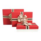 Emartbuy Set of 3 Rigid Gift Box, Cream Box with Red Lid and Brown Striped Bow Ribbon
