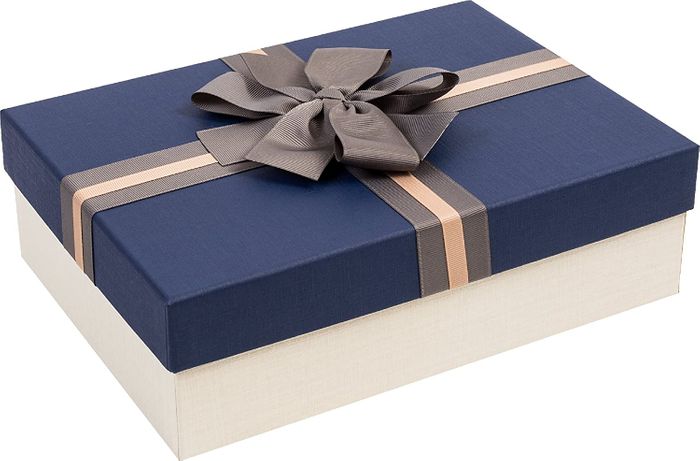 Emartbuy Set of 3 Rigid Gift Box, Cream Box with Blue Lid and Brown Striped Bow Ribbon