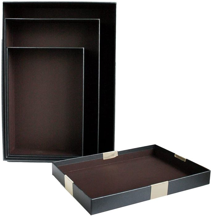 Emartbuy Set of 3 Rigid Luxury Rectangle Shaped Presentation Gift Box, Black Box with Lid, Brown Interior and Gold Satin Decorative Ribbon