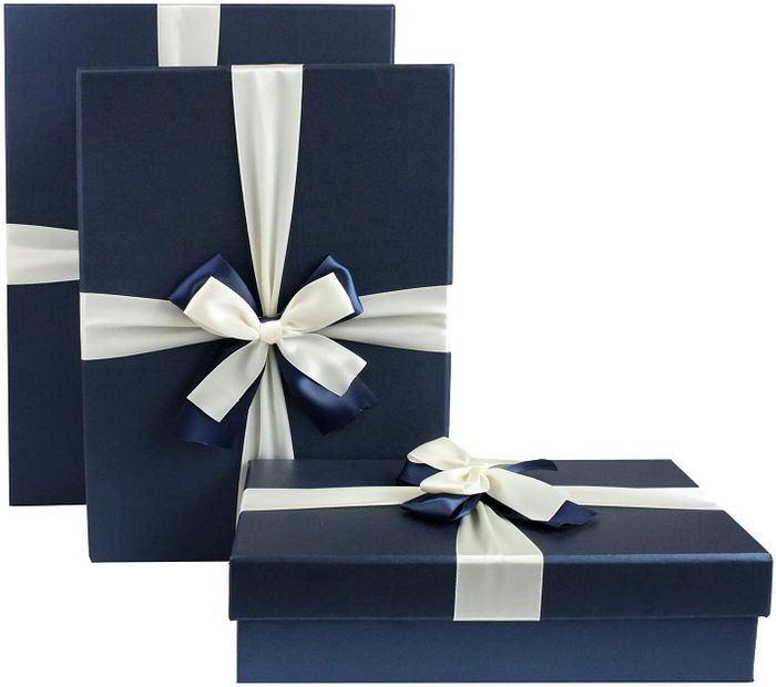 Emartbuy Set of 3 Gift Box, Blue Box with Lid, Brown Interior and Cream Blue Satin Ribbon