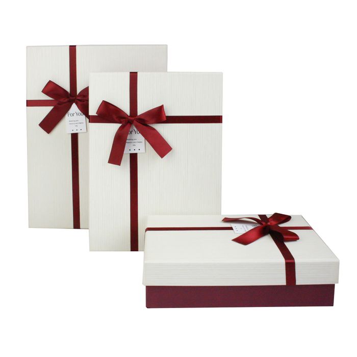 Emartbuy Set of 3 Gift Box, Burgundy Box with Cream Lid and Satin Decorative Ribbon
