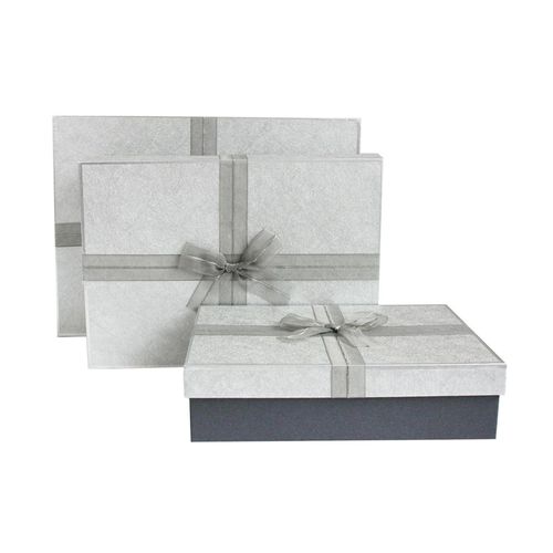 Emartbuy Set of 3 Rigid Presentation Gift Box, Dark Grey Box with Silver Lid, Brown Interior and Grey Fabric Decorative Ribbon