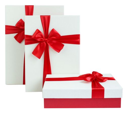 Emartbuy Set of 3 Rigid Presentation Gift Box, Textured Red Box with White Lid, Brown Interior and Red Satin Decorative Ribbon