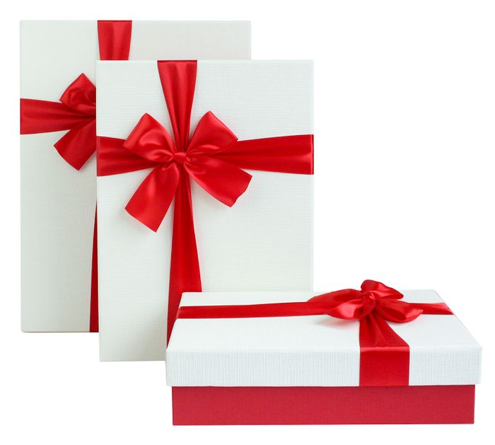 Emartbuy Set of 3 Rigid Presentation Gift Box, Textured Red Box with White Lid, Brown Interior and Red Satin Decorative Ribbon
