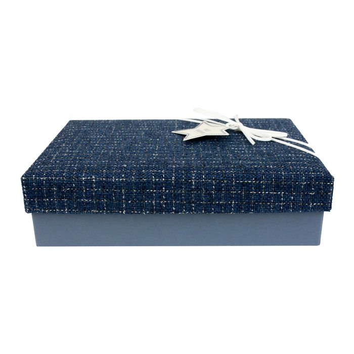 Emartbuy Set of 3 Rigid Luxury Rectangle Shaped Presentation Gift Box, Blue Box with Textured Fabric Blue Lid, Chocolate Brown Interior and Suede Decorative Ribbon