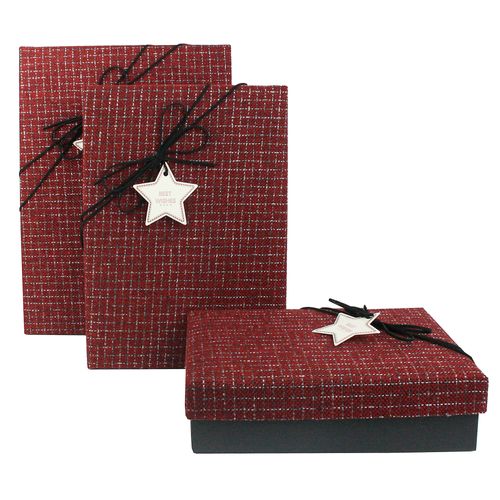 Emartbuy Set of 3 Rigid Luxury Rectangle Shaped Presentation Gift Box, Black Box with Textured Fabric Red Lid, Chocolate Brown Interior and Suede Decorative Ribbon