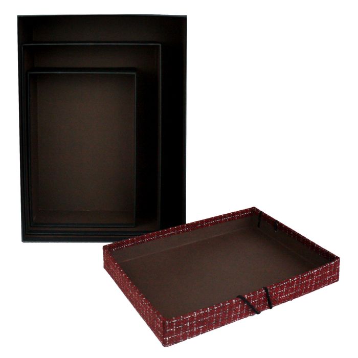 Emartbuy Set of 3 Rigid Luxury Rectangle Shaped Presentation Gift Box, Black Box with Textured Fabric Red Lid, Chocolate Brown Interior and Suede Decorative Ribbon