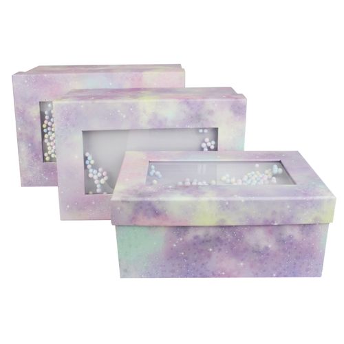 Emartbuy Set of 3 Gift Box, Pink Purple Pastel Box with Lid and Multicoloured Balls Decoration