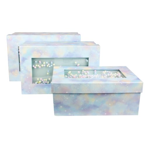 Emartbuy Set of 3 Gift Box, Blue Pastel Box with Lid and Multicoloured Balls Decoration