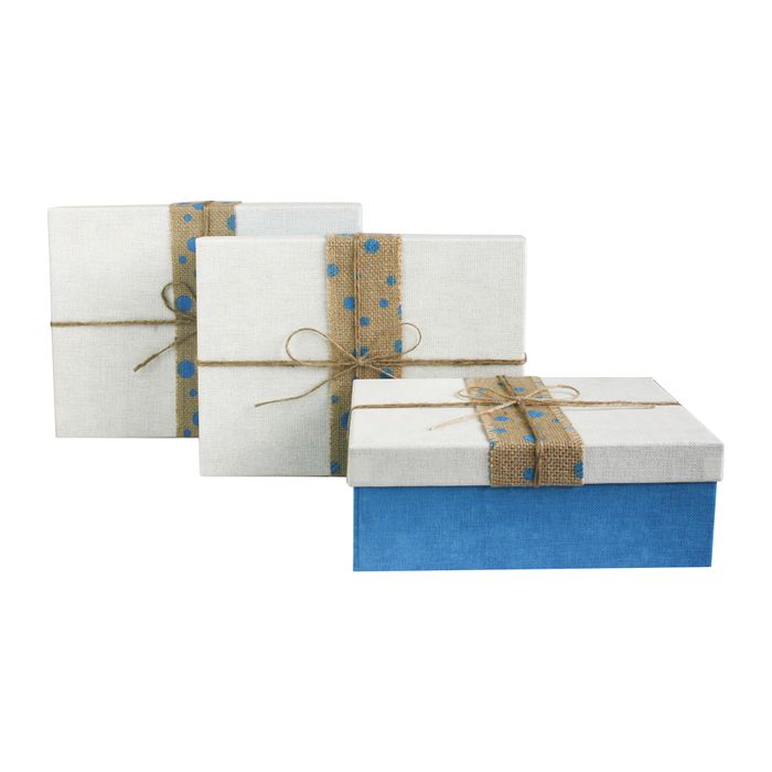 Emartbuy Set of 3 Rigid Luxury Rectangle Presentation Gift Box, Blue Box with White Lid, Chocolate Brown Interior and Dotted Jute Decorative Ribbon