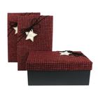 Emartbuy Set of 3 Gift Box, Black Box with Textured Fabric Red Lid and Suede Decorative Ribbon