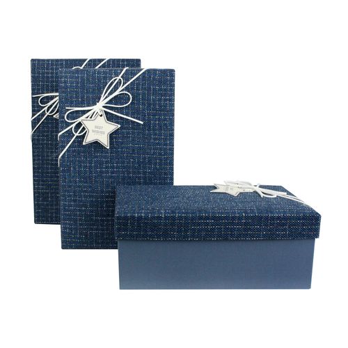 Emartbuy Set of 3 Gift Box, Blue Box with Textured Fabric Blue Lid and Suede Decorative Ribbon