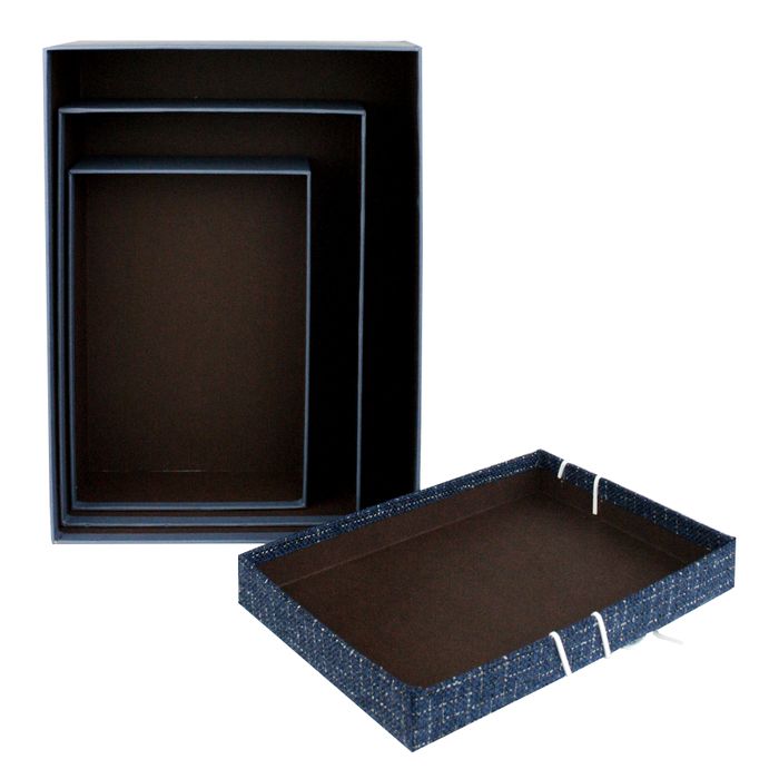 Emartbuy Set of 3 Gift Box, Blue Box with Textured Fabric Blue Lid and Suede Decorative Ribbon