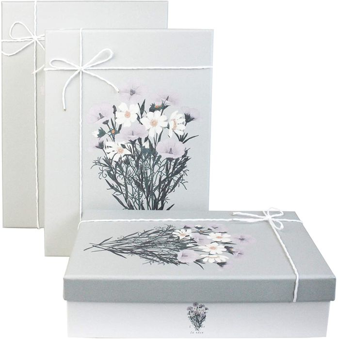 Emartbuy Set of 3 Rigid Luxury Rectangle Presentation Gift Box, White Box with Grey Bouquet Lid, White Ribbon and Printed Interior