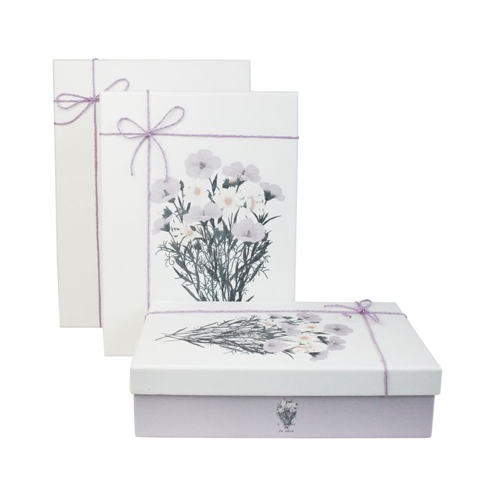 Emartbuy Set of 3 Rigid Luxury Rectangle Presentation Gift Box, Lilac Box with White Bouquet Lid, Lilac Ribbon and Printed Interior